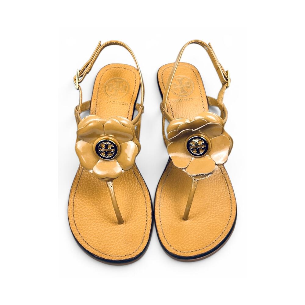 Tory Burch Shelby Camel Patent Flower Logo Thong Slingback Wedge Sandals 6.5M